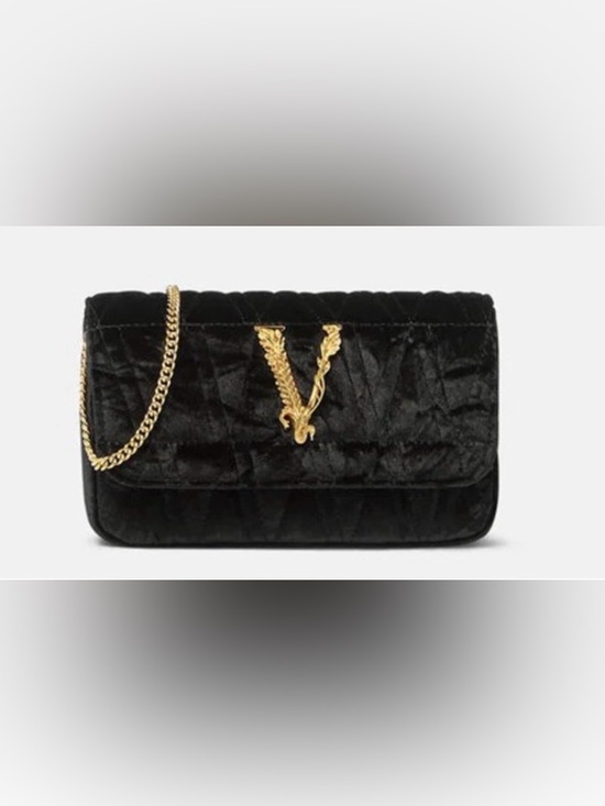 Versace Handbags - Versace Black Quilted Velvet Shoulder Bag with Gold V and Gold Hardware Chain